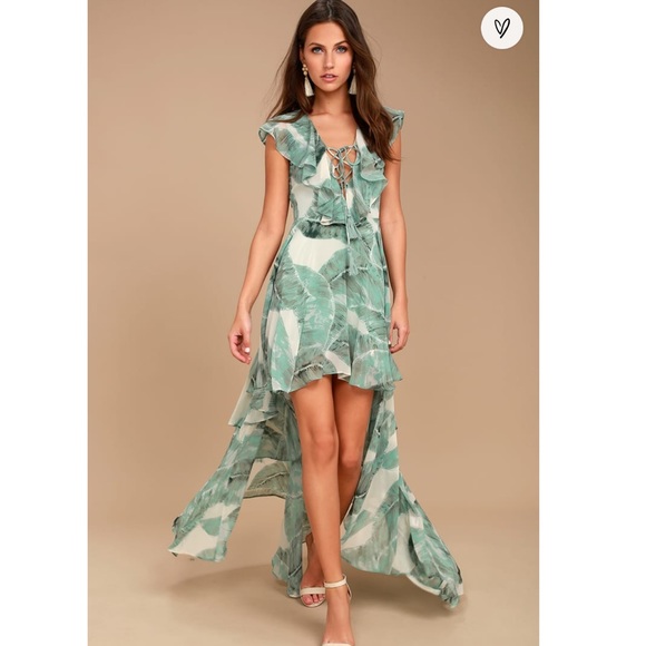 Lulus Dresses & Skirts - Lulus Sage and Cream leaf chiffon high low lace up dress Sz M